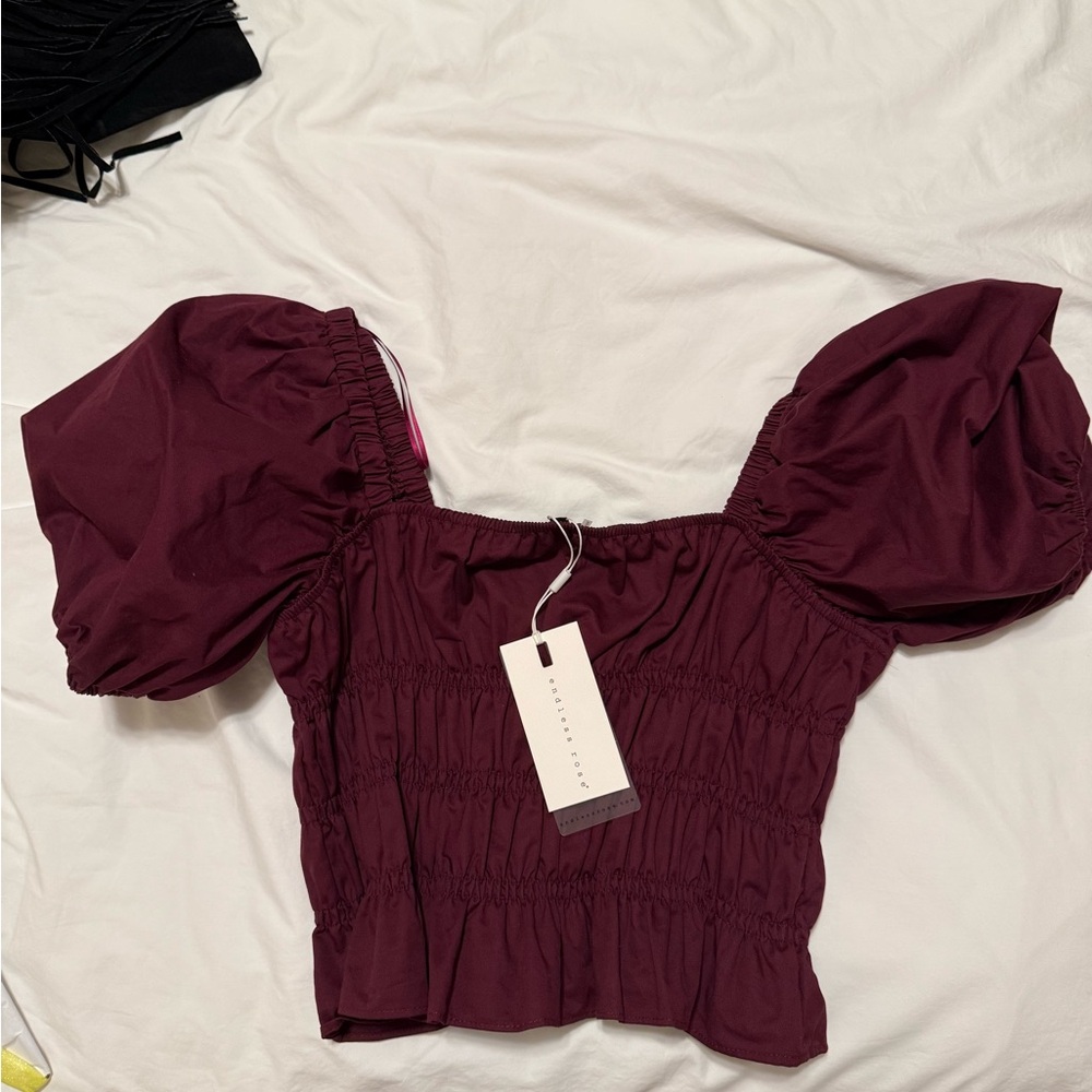 Hemline Burgundy Puff Sleeve Top